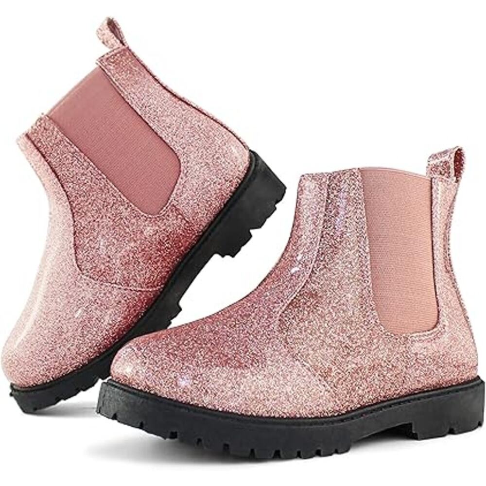 New Tobfis Girls 6 Glitter Pink Pull On Non Slip Chelsea Waterproof Rain Boots